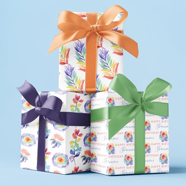 Rainbow Watercolor Floral Wrapping Paper Sheets  (Celebrate a special birthday with these personalized wrapping paper sheets! )