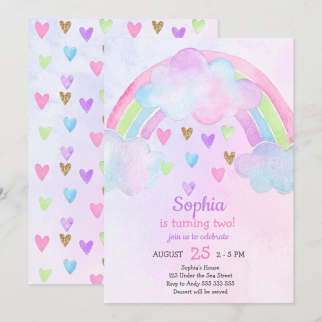 Rainbow Watercolor Girl Birthday Invitation (Front/Back)