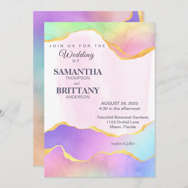 Rainbow Watercolor Gold LGBT Wedding Invitation (Front/Back)