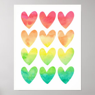 Rainbow watercolor hearts kids poster print