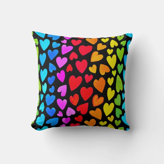 Rainbow Watercolor Hearts Pattern Cushion (Front)