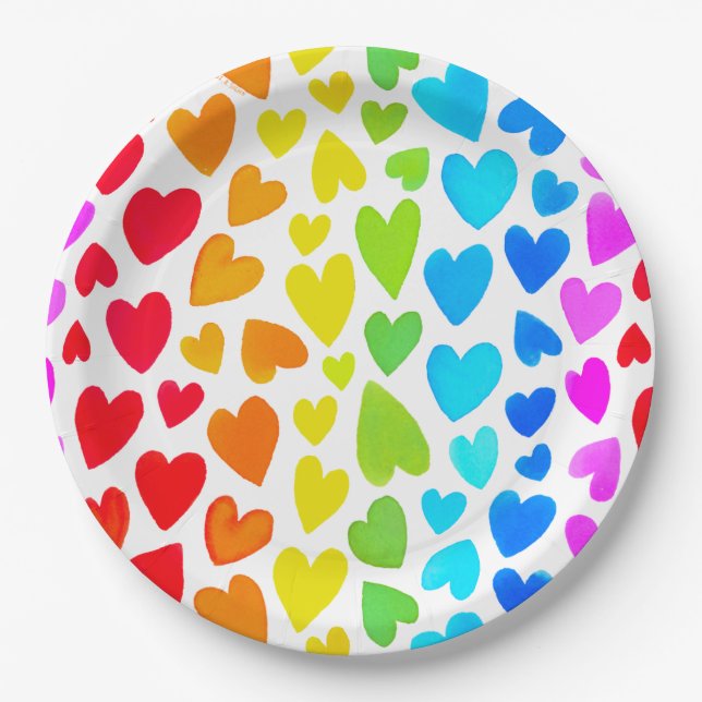 Rainbow Watercolor Hearts Pattern Paper Plate (Front)