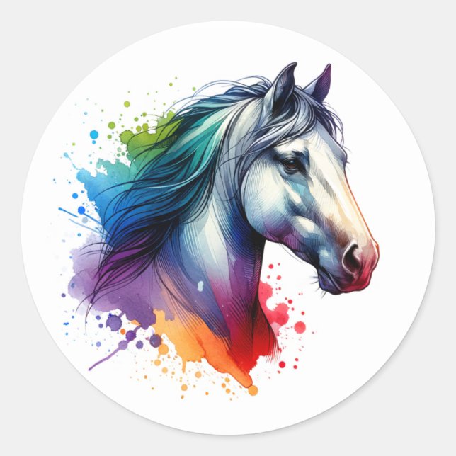 Rainbow Watercolor Horse Classic Round Sticker (Front)