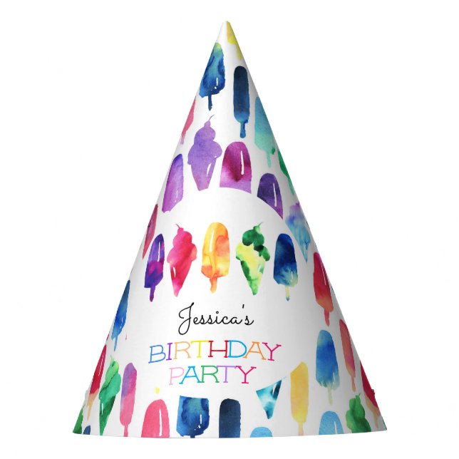 Rainbow Watercolor Ice Cream Ice Pops Birthday Party Hat (Front)