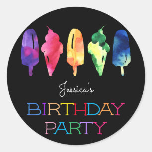 Rainbow Watercolor Ice Cream Popsicle Birthday Classic Round Sticker