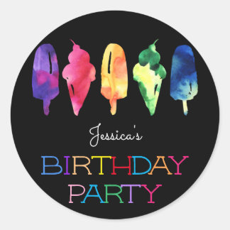 Rainbow Watercolor Ice Cream Popsicle Birthday Classic Round Sticker