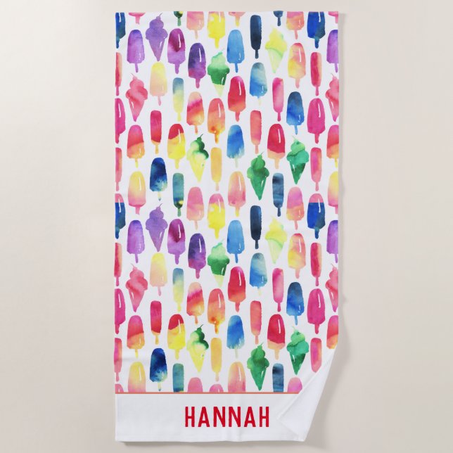 Rainbow Watercolor Ice Cream Popsicle Personalised Beach Towel (Front)