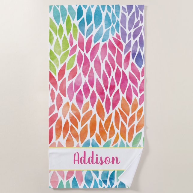 Rainbow Watercolor Leaves Pattern Personalised Beach Towel (Front)