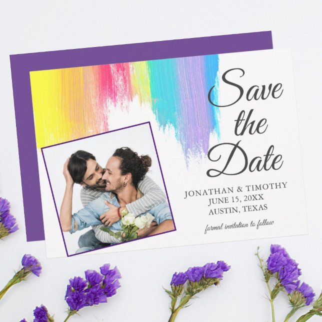 Rainbow Watercolor LGBT Photo Purple Save the Date Announcement (Creator Uploaded)