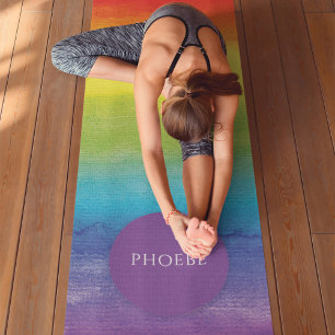 Rainbow Watercolor Modern Colourful Name Yoga Mat