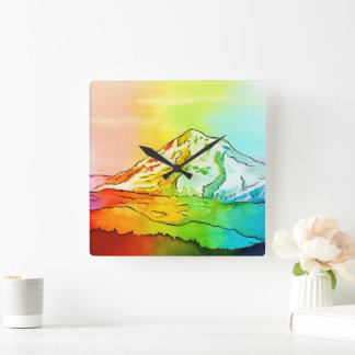 Rainbow Watercolor Mount Hood Square Wall Clock
