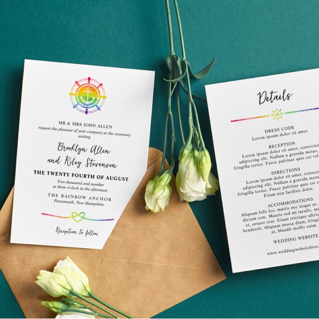 Rainbow Watercolor Nautical LGBT 2 in 1 Wedding Invitation (Creator Uploaded)