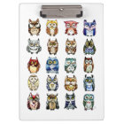Rainbow watercolor owls and cat