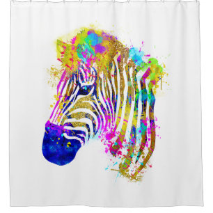 Rainbow Watercolor Paint Splatter Zebra Graphic Shower Curtain