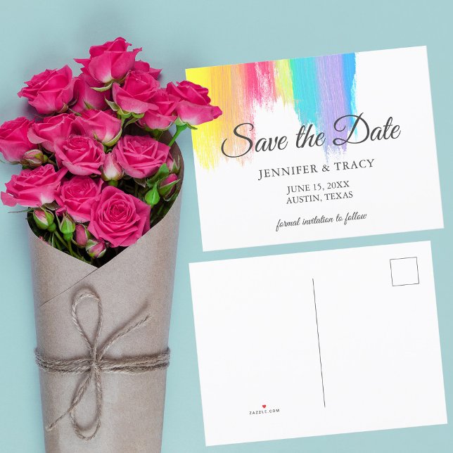 Rainbow Watercolor Paint Strokes Gay Pride Wedding Announcement Postcard (Creator Uploaded)