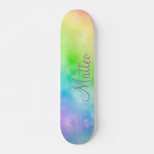 Rainbow watercolor painting with personalised tot skateboard