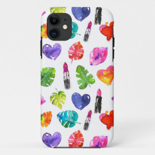 Rainbow watercolor palm leaves pin kiss lipsticks iPhone 11 case