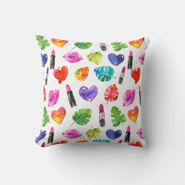 Rainbow watercolor palm leaves pin kiss lipsticks cushion (Front)