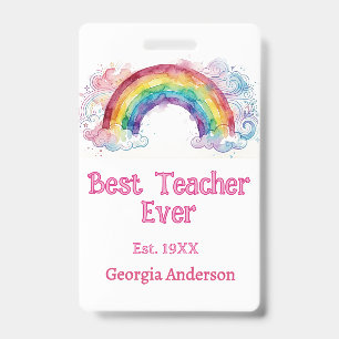 rainbow watercolor pastel best teacher ever est ID badge