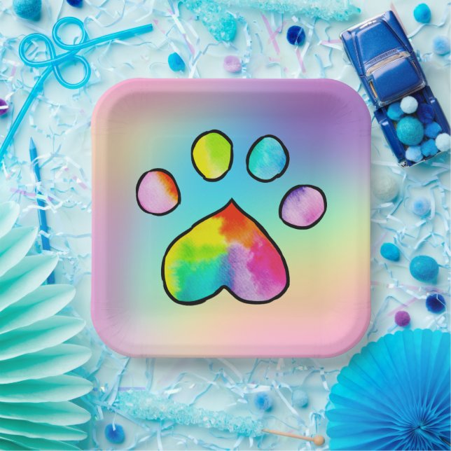 Rainbow Watercolor Paw Print Birthday Party Paper Plate (Party)
