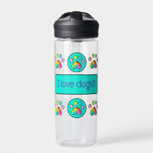 Rainbow Watercolor Paw Prints "I Love Dogs" Water Bottle