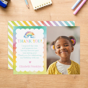 Rainbow Watercolor Photo Custom Kids  Thank You Card