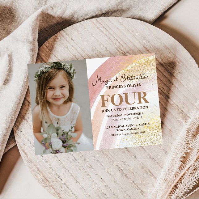  Rainbow Watercolor Photograph 4th Birthday Invitation (Creator Uploaded)