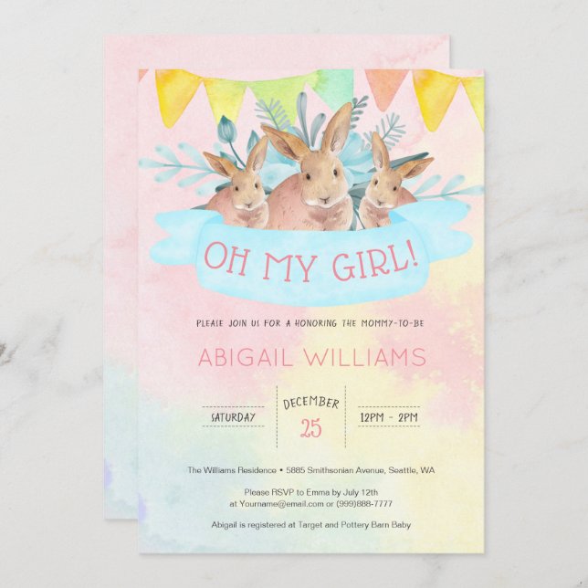 Rainbow Watercolor Rabbits Girl Baby Shower Invitation (Front/Back)