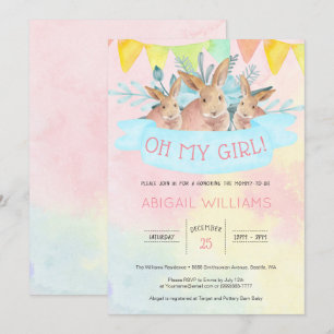 Rainbow Watercolor Rabbits Girl Baby Shower Invitation