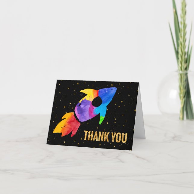 Rainbow Watercolor Rocket Outer Space Thank You Card (Front)