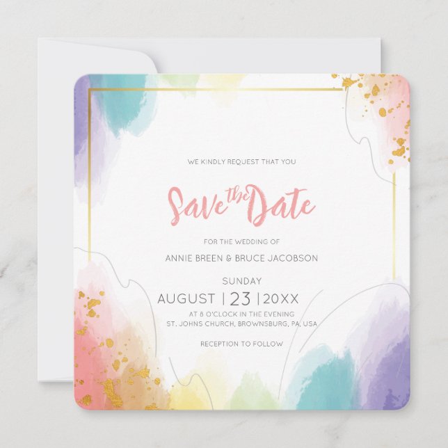 Rainbow Watercolor Save the Date Card (Front)