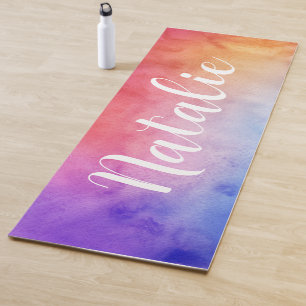 Rainbow Watercolor Script Monogram Name Yoga Mat