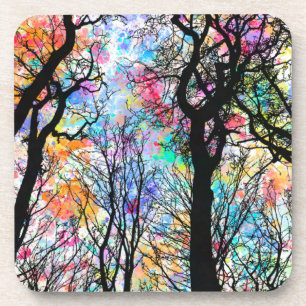 Rainbow watercolor sky, black silhouette trees coaster