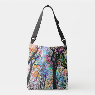 Rainbow watercolor sky, black silhouette trees crossbody bag