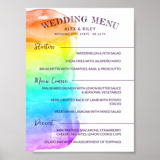 Rainbow Watercolor Splash LGBTQ Wedding Menu Poster (Front)