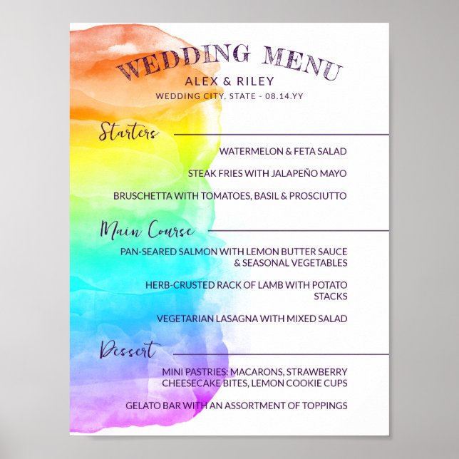 Rainbow Watercolor Splash LGBTQ Wedding Menu Poster (Front)