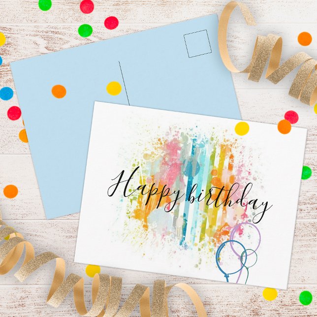 Rainbow Watercolor Stripe Paint Splatters Birthday Postcard (Creator Uploaded)