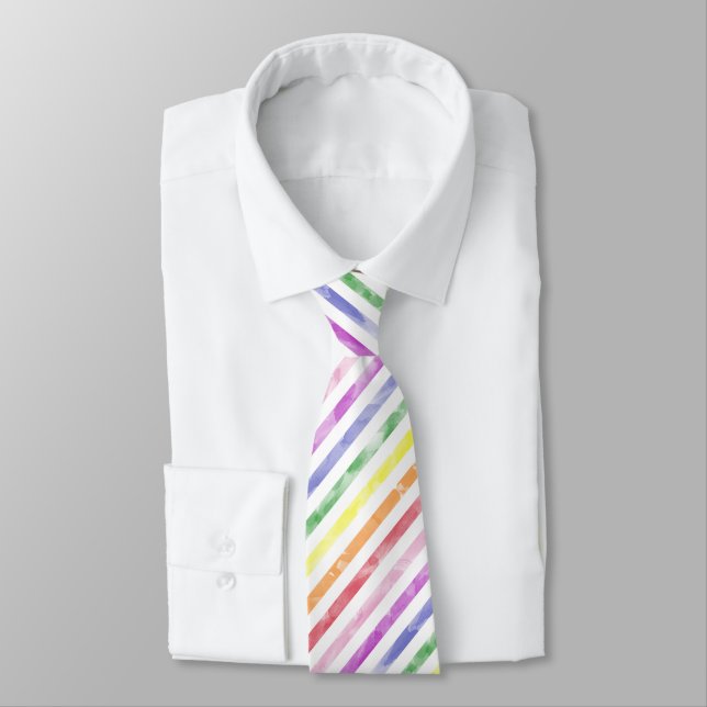 Rainbow Watercolor Striped Pattern Tie (Tied)