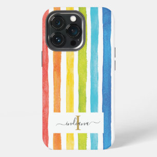 Rainbow Watercolor Stripes Colourful Monogram Name iPhone 13 Pro Case