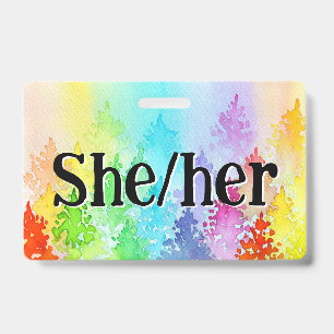 Rainbow Watercolor Trees Pronouns Badge ID Badge