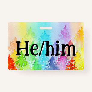 Rainbow Watercolor Trees Pronouns Badge ID Badge