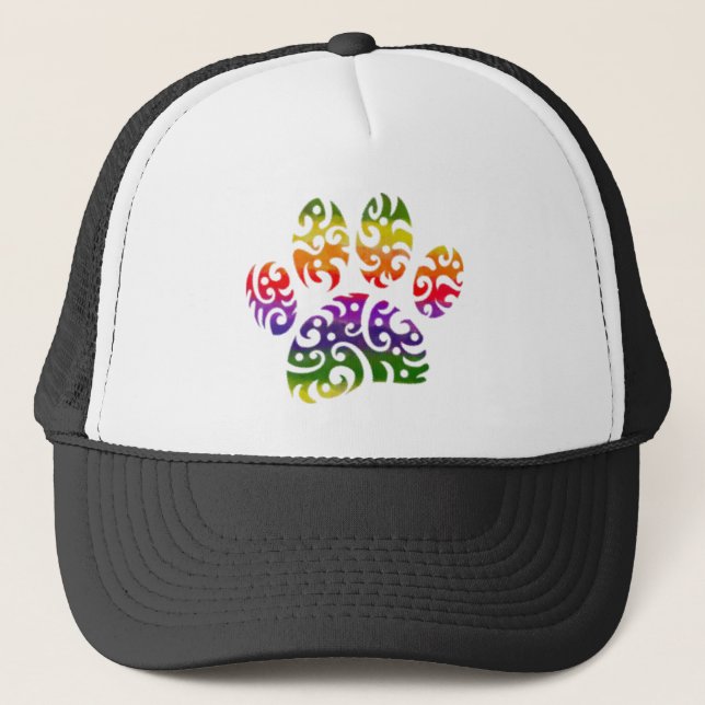 Rainbow Watercolor Tribal Dog Paw Tattoo Print Trucker Hat (Front)