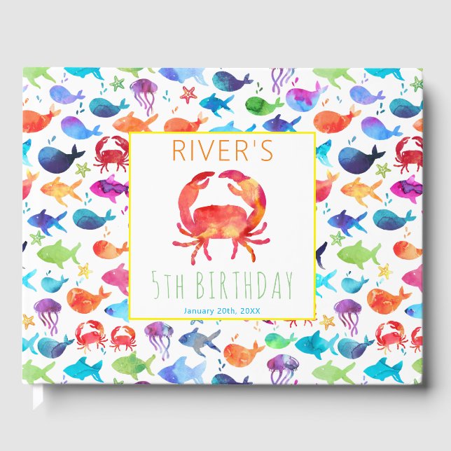 Rainbow Watercolor Under The Sea Crab Guest Book (Front)