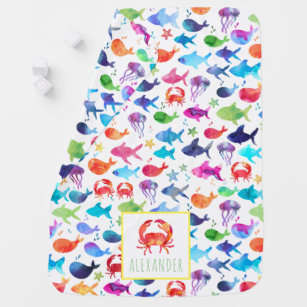 Rainbow Watercolor Under The Sea Crab Personalised Baby Blanket