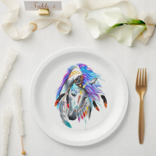 Rainbow watercolor war horse paper plate