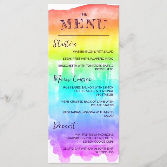 Rainbow Watercolor Wash LGBTQ Wedding Menu (Front)