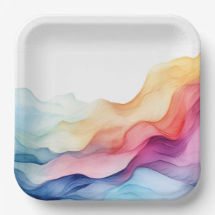 Rainbow Watercolor Wave Paper Plate