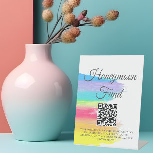 Rainbow Watercolor Wedding Honeymoon Fund QR Code Pedestal Sign