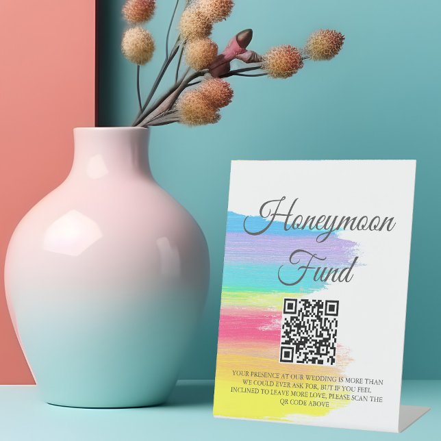 Rainbow Watercolor Wedding Honeymoon Fund QR Code Pedestal Sign (Creator Uploaded)