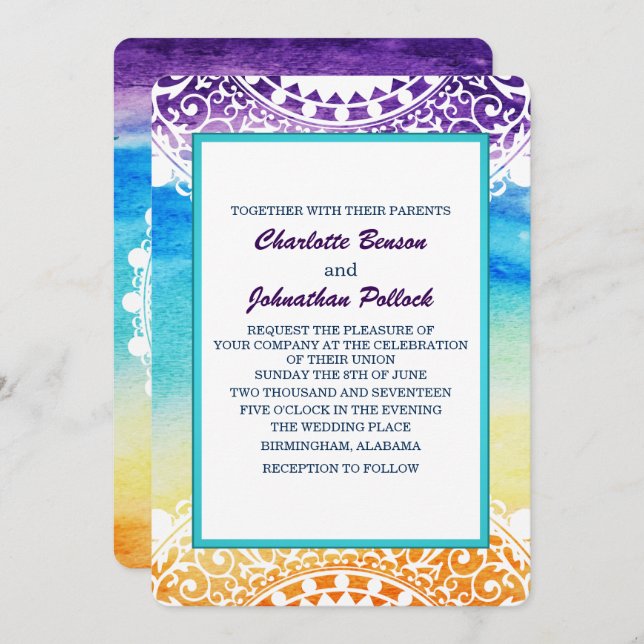 Rainbow Watercolor White Mandala Wedding Invitation (Front/Back)